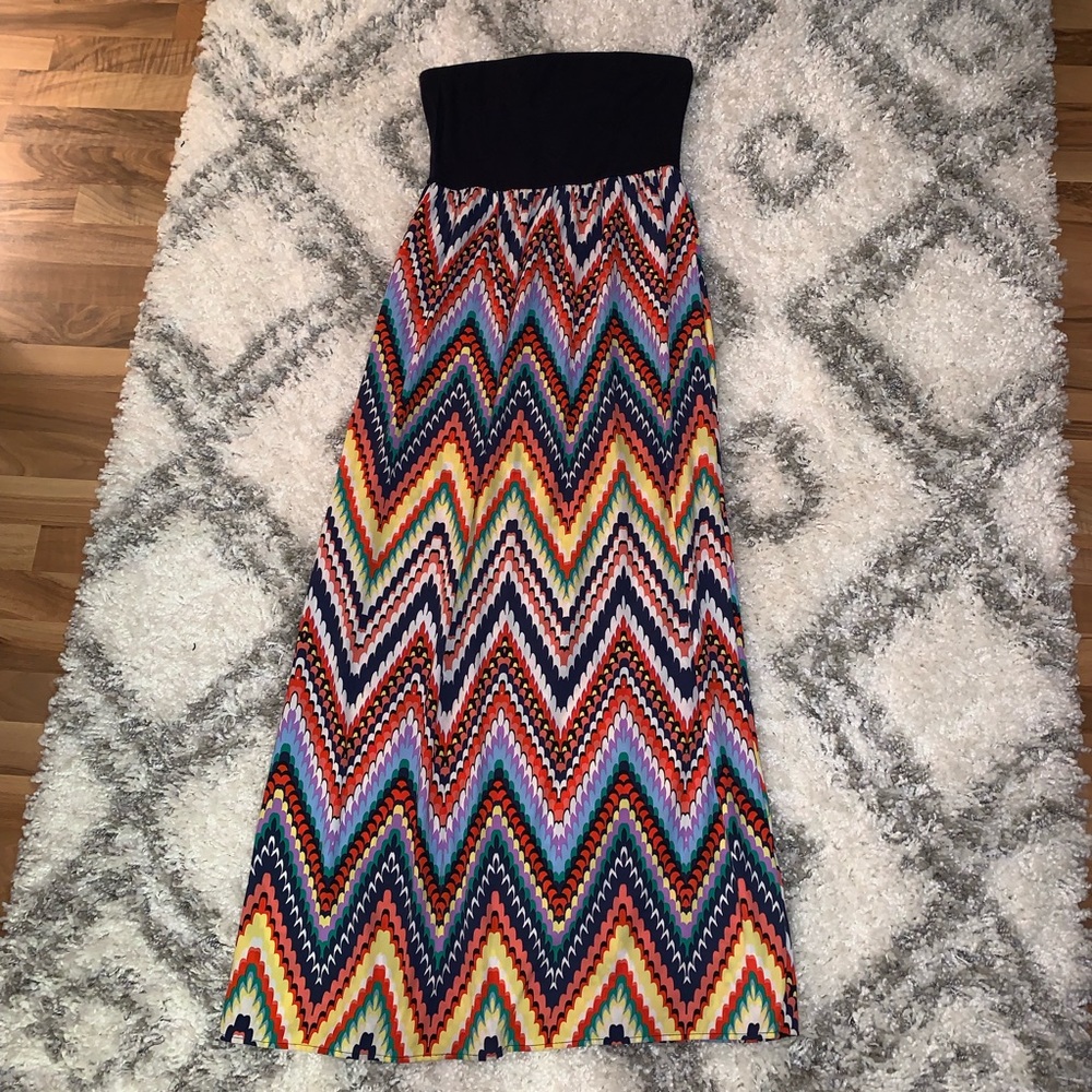Strapless Patterned Navy Maxi Dress